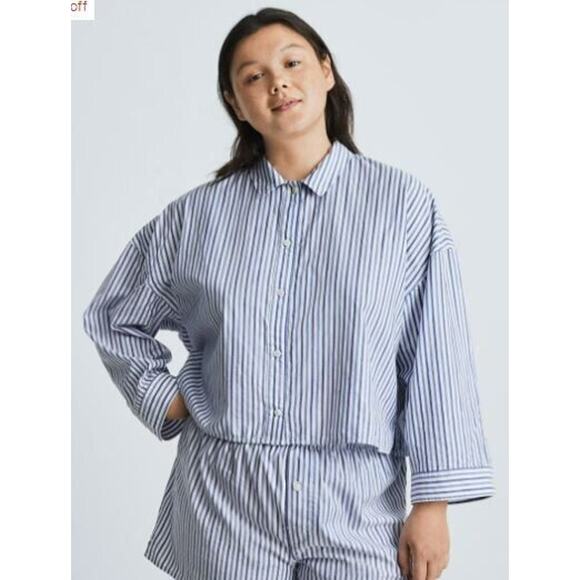 New Everlane Blue White Stripe Button Front Crop 100% Cotton Pajama Top XS - Picture 1 of 6